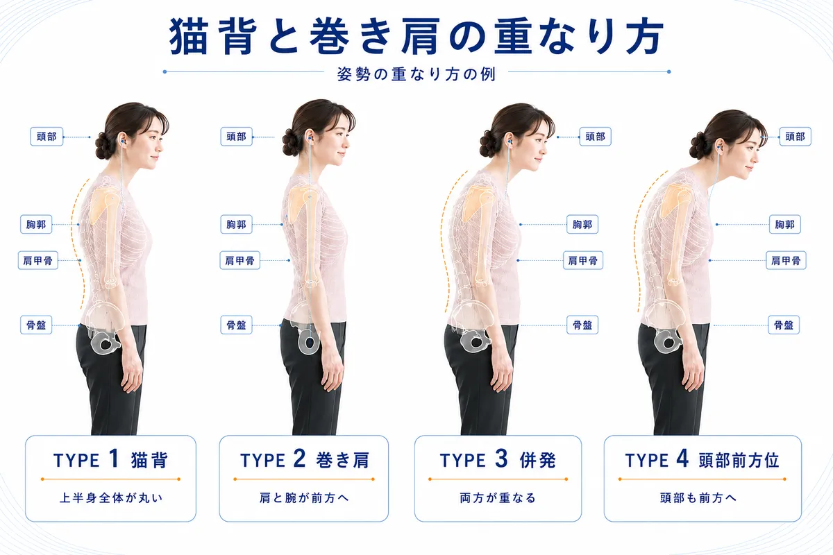 猫背主体、巻き肩主体、両方の併発、頭部前方位が重なる4つの姿勢パターン