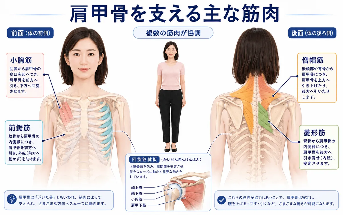 僧帽筋、前鋸筋、菱形筋、小胸筋、回旋筋腱板が肩甲骨を支える位置を示した図解