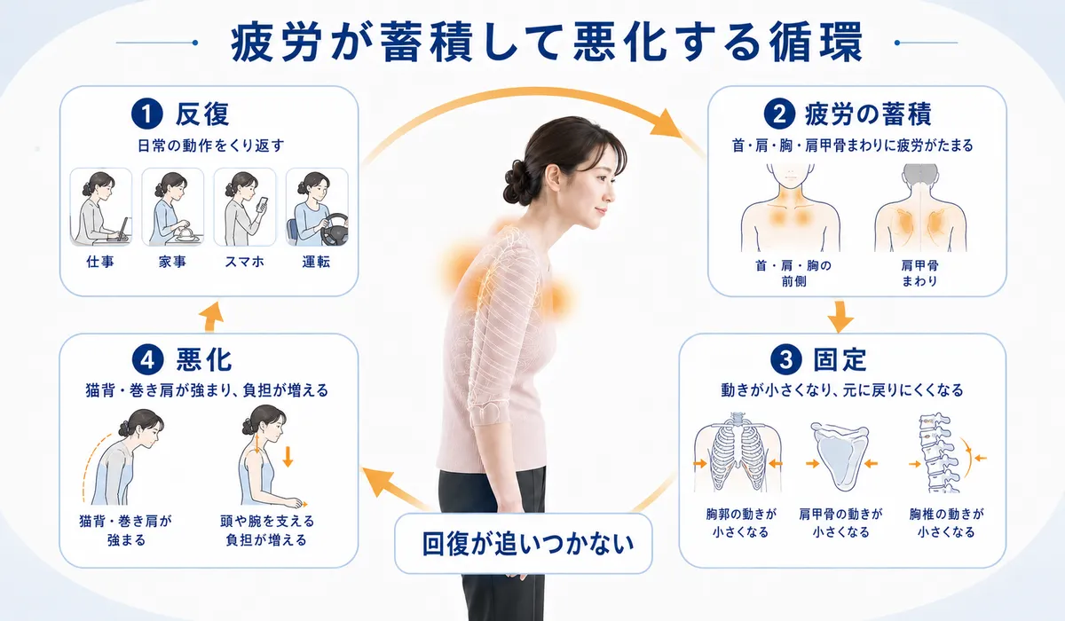 仕事や家事などの反復から疲労が蓄積し、猫背と巻き肩が固定されて悪化する循環図