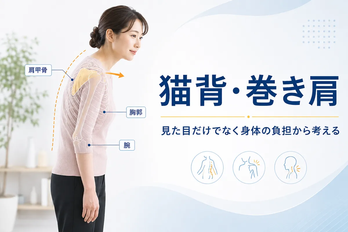 猫背と巻き肩の特徴を示す35歳日本人女性と胸郭・肩甲骨・腕の位置関係の図解