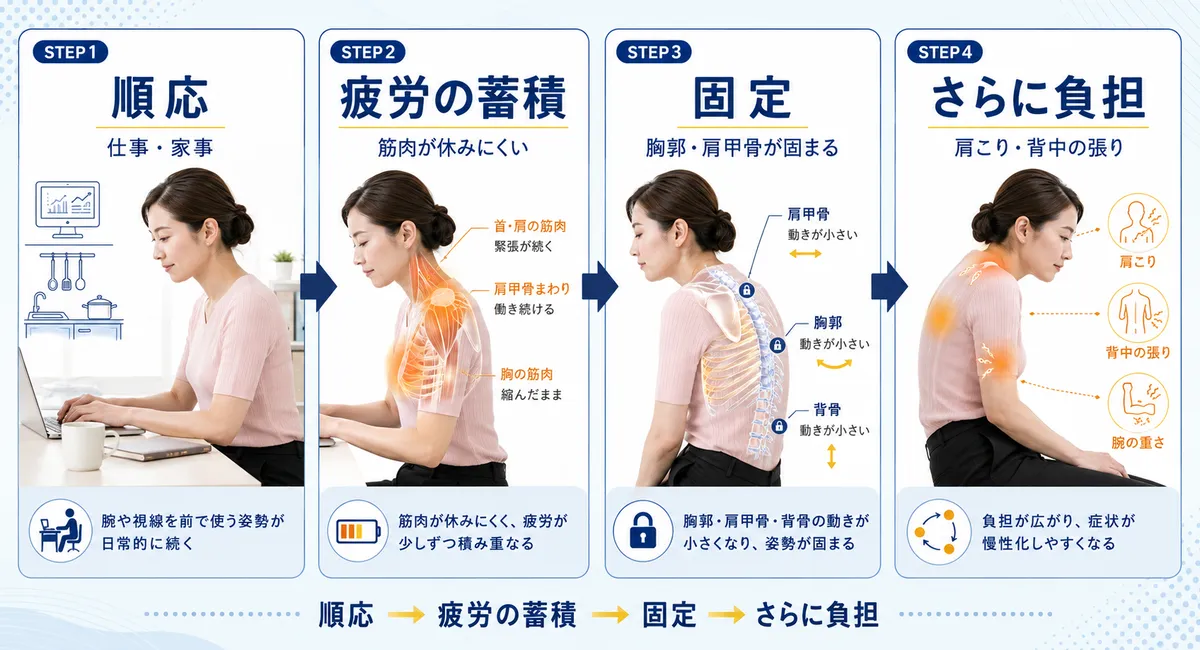 日常への順応から疲労の蓄積、姿勢の固定、さらに負担が増える流れを4段階で示した図解