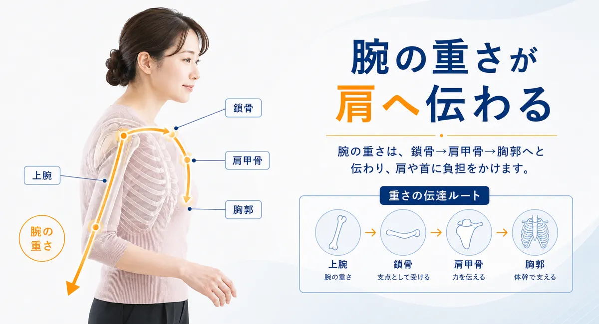 腕の重さが上腕、鎖骨、肩甲骨を介して胸郭肩甲帯へ伝わる様子を示した図解