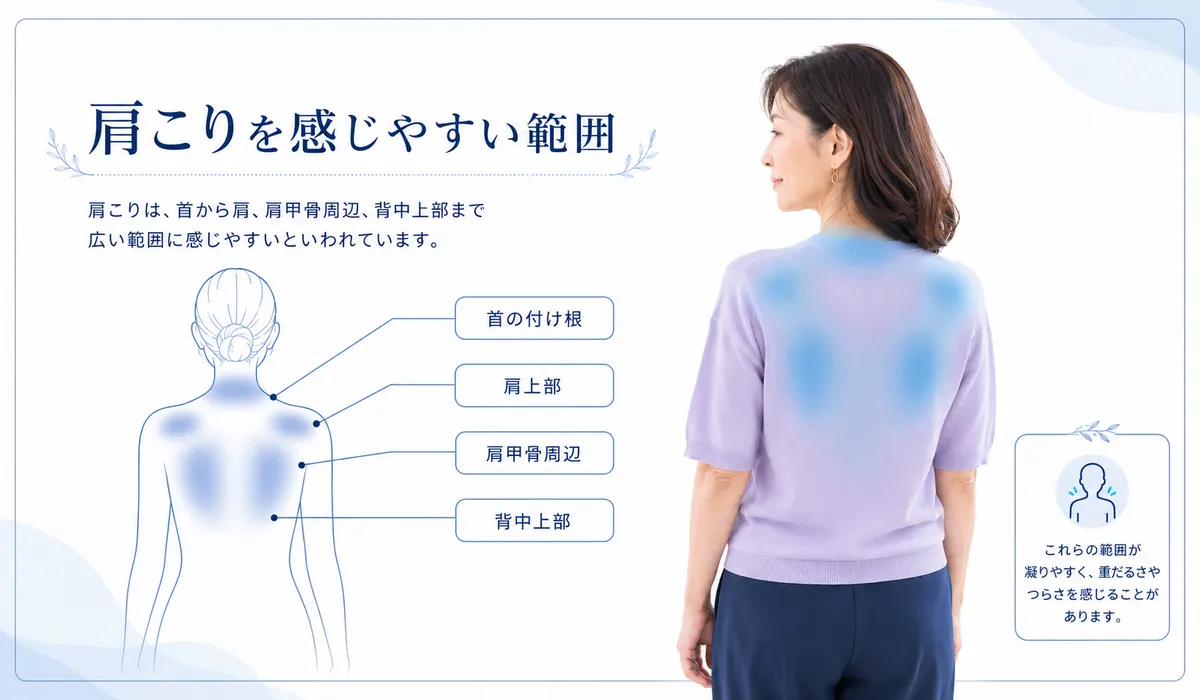 肩こりを感じやすい首の付け根・肩上部・肩甲骨周辺・背中上部の図