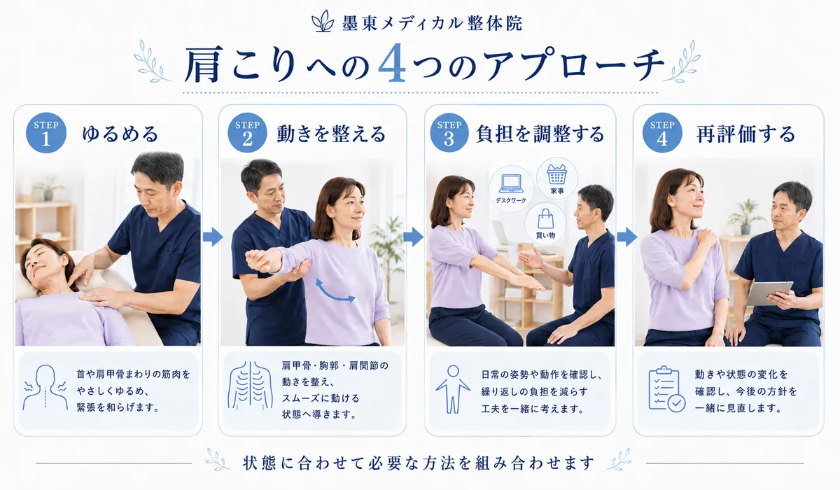 肩こりに対して筋肉をゆるめ、動きを整え、生活上の負担を調整して再評価する流れ