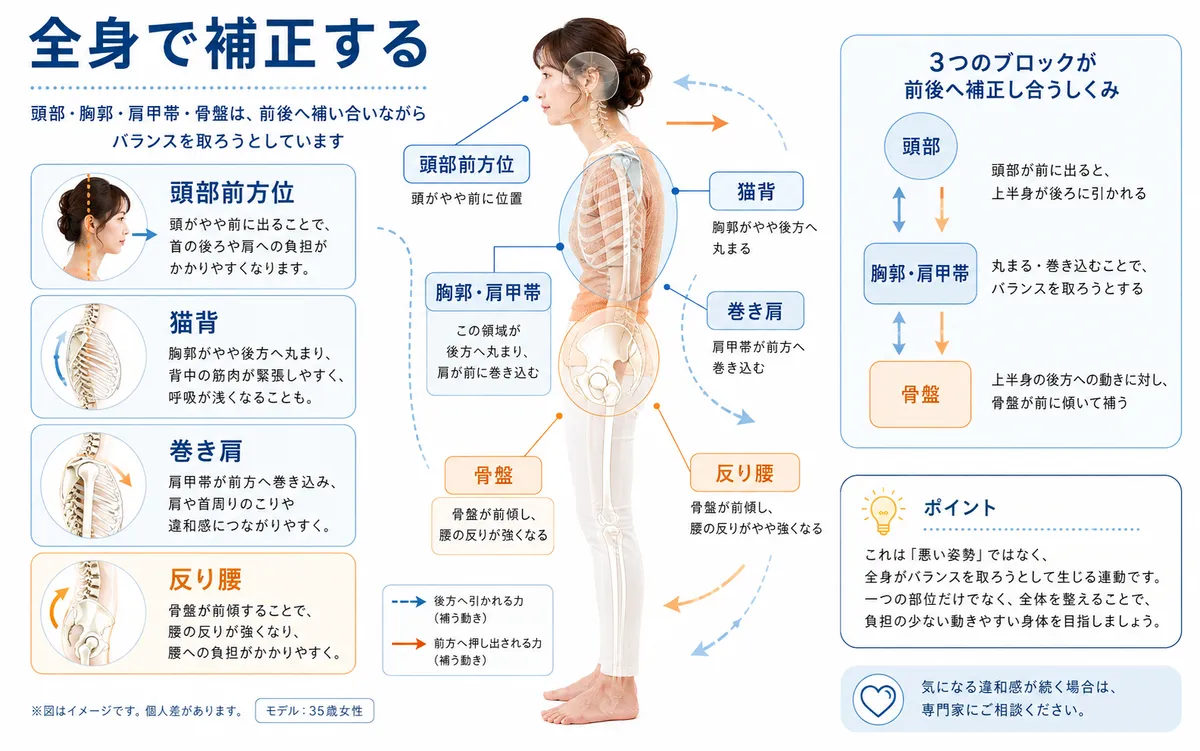 反り腰と猫背と巻き肩と頭部前方位が組み合わさる関係を示した図解