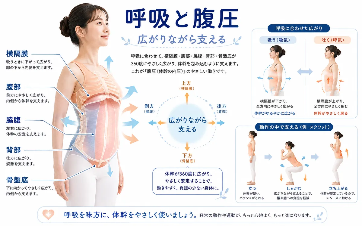 呼吸と腹圧に合わせて横隔膜や腹部や背部が働く様子を示した図解