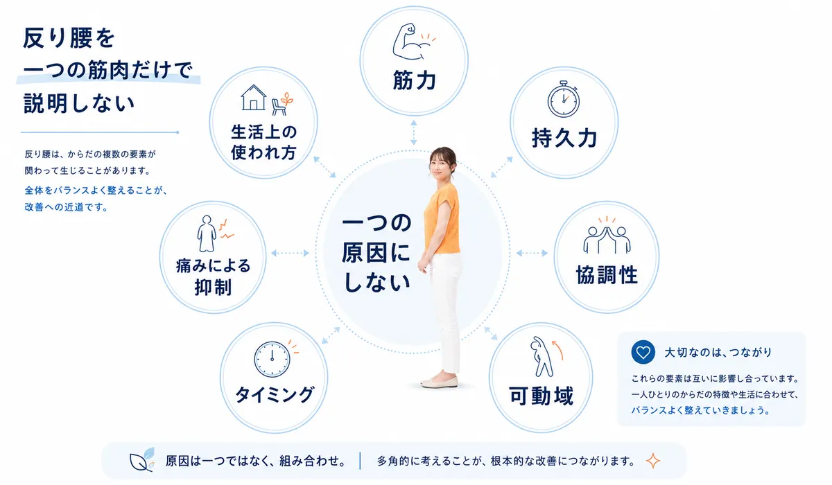 反り腰を筋力や持久力や可動域など複数の要素で考えることを示した図解
