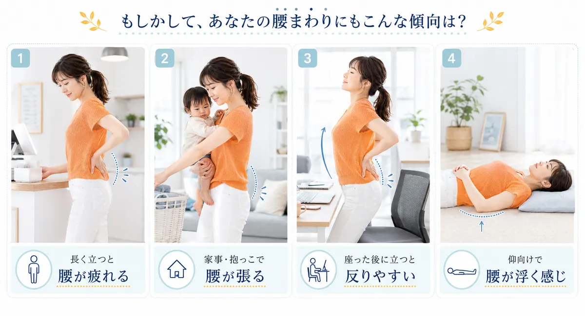 立ち仕事や家事、デスクワーク後、仰向けなど生活の中で反り腰の負担を感じる場面の図解