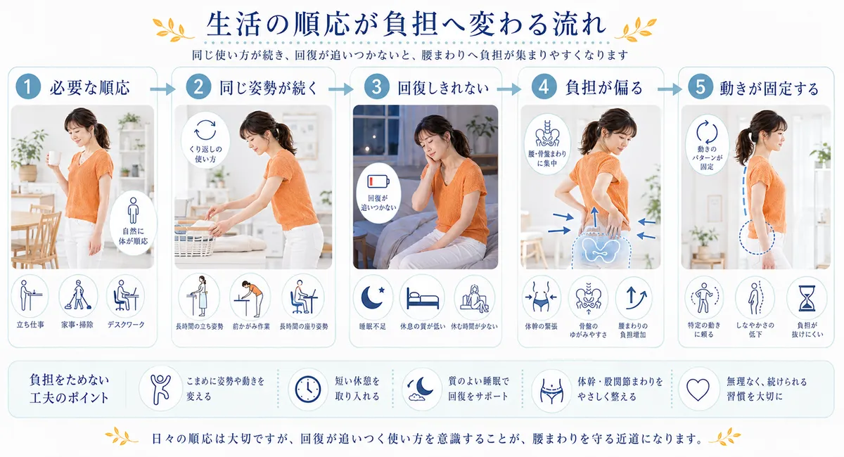 生活に必要な姿勢が回復不足によって腰まわりの負担へ変わる流れを示した図解