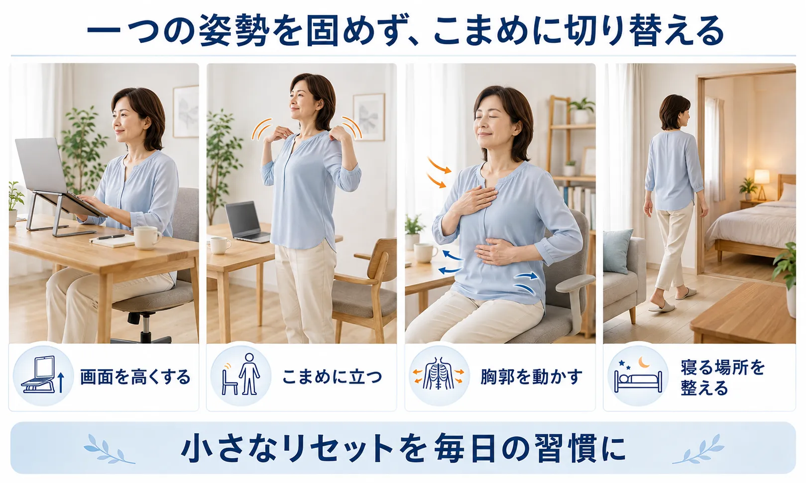 画面の高さ・立ち上がり・深呼吸・寝る場所による首肩の負担軽減ポイント
