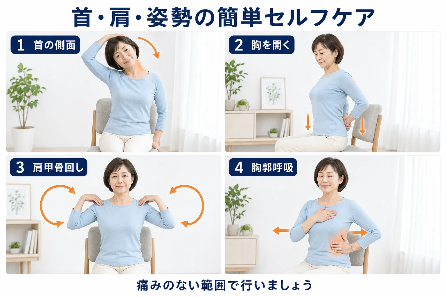 首の側面ストレッチ・胸を開く運動・肩甲骨回し・胸郭呼吸のセルフケア図解