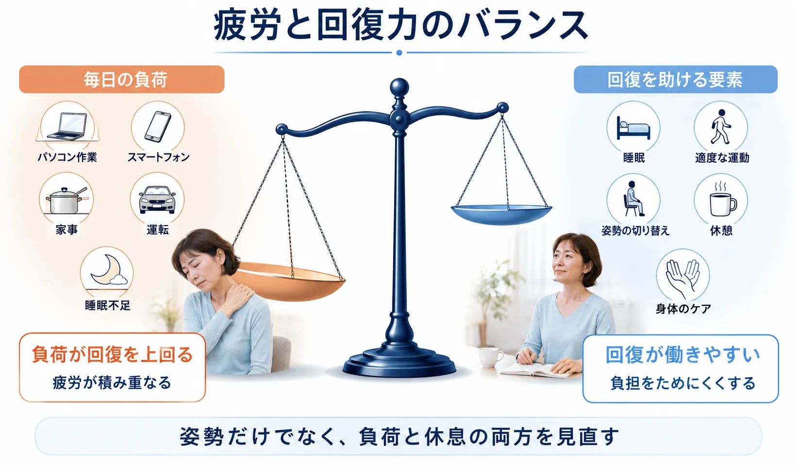 姿勢の負荷と休息による疲労と回復力のバランスを示した図解