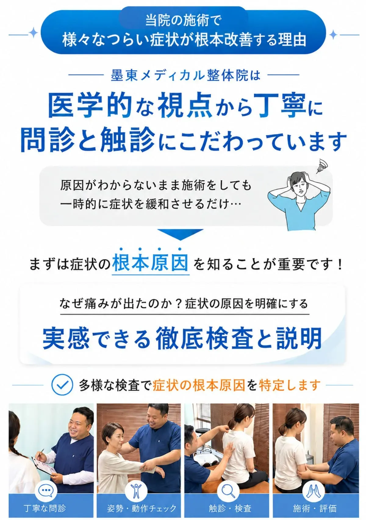 慢性症状の原因を確認するため問診・姿勢動作チェック・触診検査を行う墨東メディカル整体院