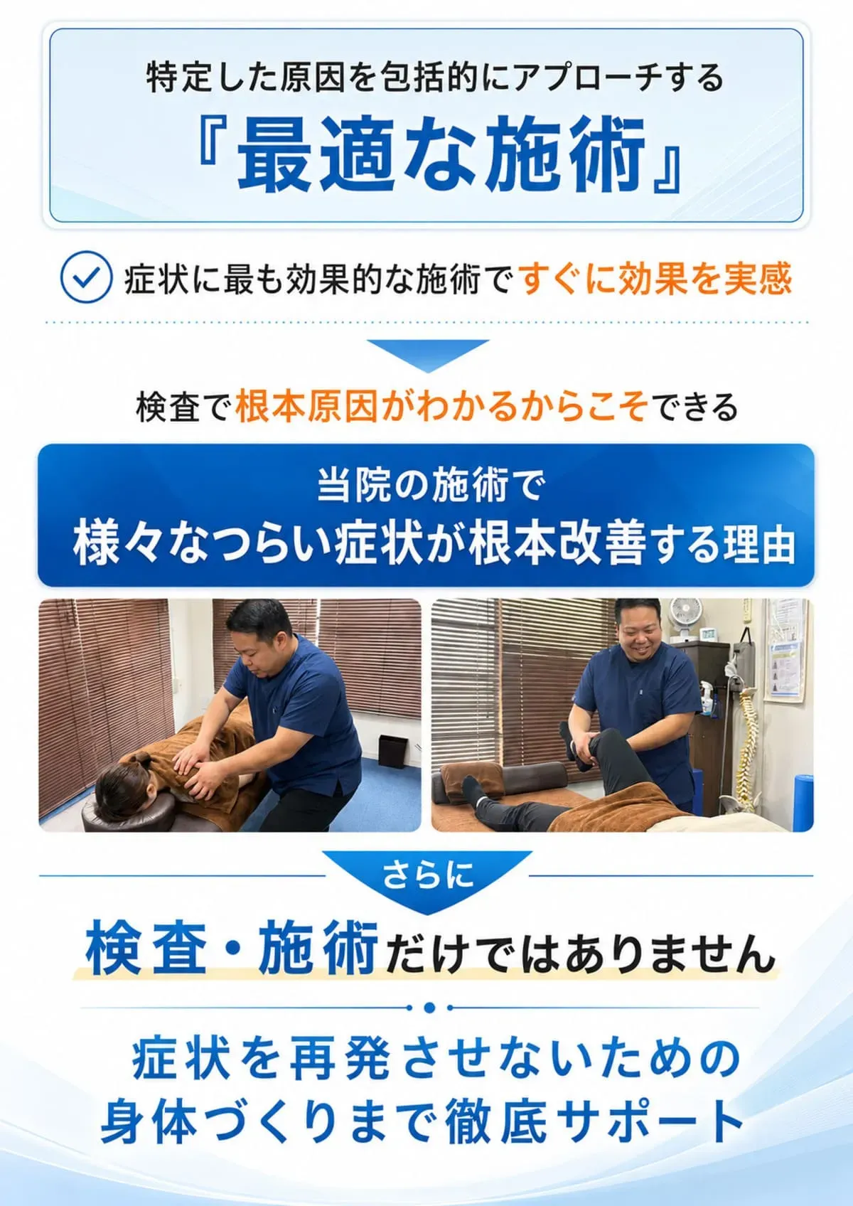 検査で確認した身体の状態に合わせて整体施術を行い再発予防までサポートする様子
