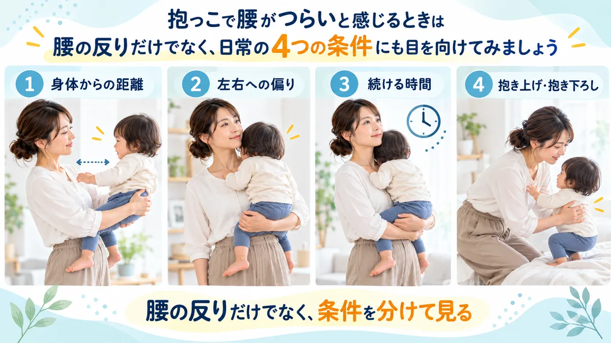 抱っこ時の身体からの距離・左右差・時間・抱き上げ動作という4つの負担条件