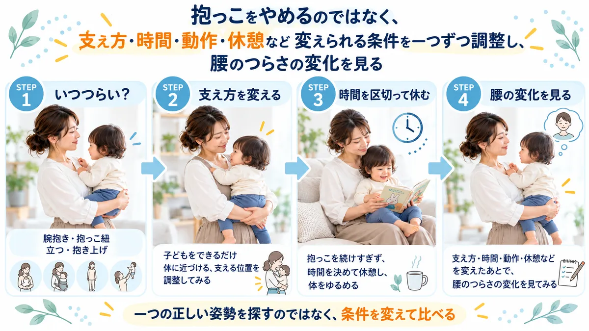 抱っこの支え方や時間を変えて腰のつらさの変化を見る流れ