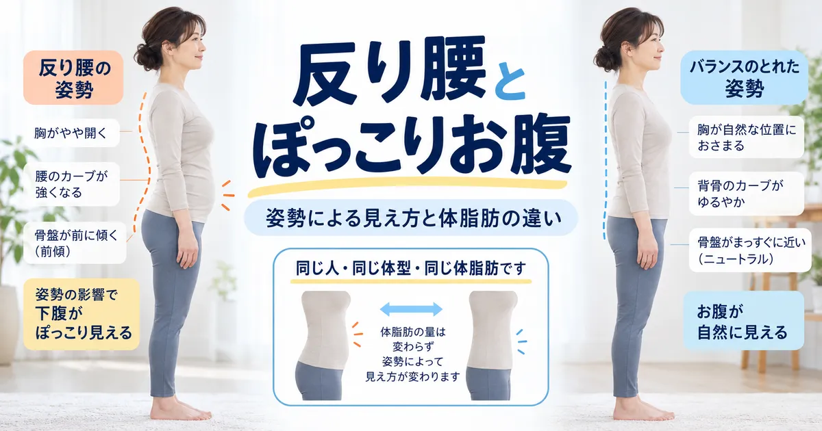 反り腰によるお腹の見え方と体脂肪による体型の違いを示すイメージ