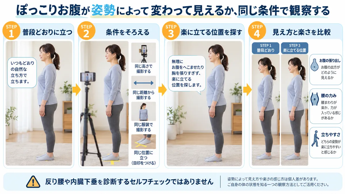 同じ服装と撮影条件で姿勢によるお腹の見え方と腰の力みを比較する方法