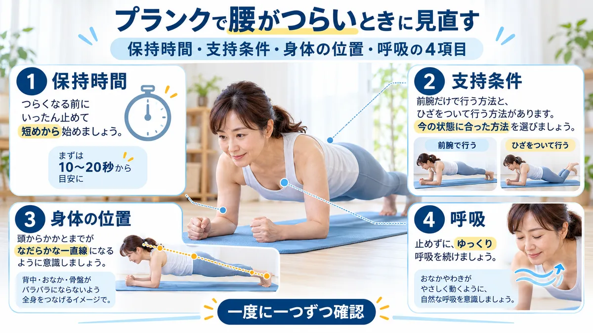 プランクで腰がつらいときに保持時間・支持条件・身体の位置・呼吸を見直す4項目