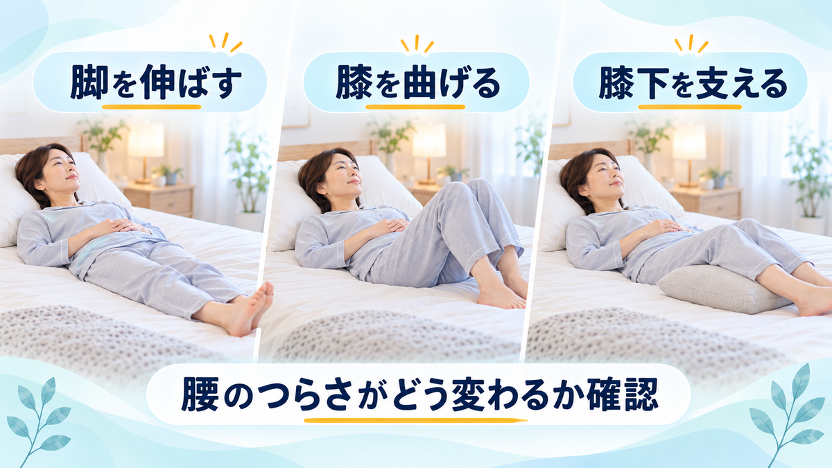 仰向けで脚を伸ばす・膝を曲げる・膝下を支える条件を変えて腰のつらさを確認する図