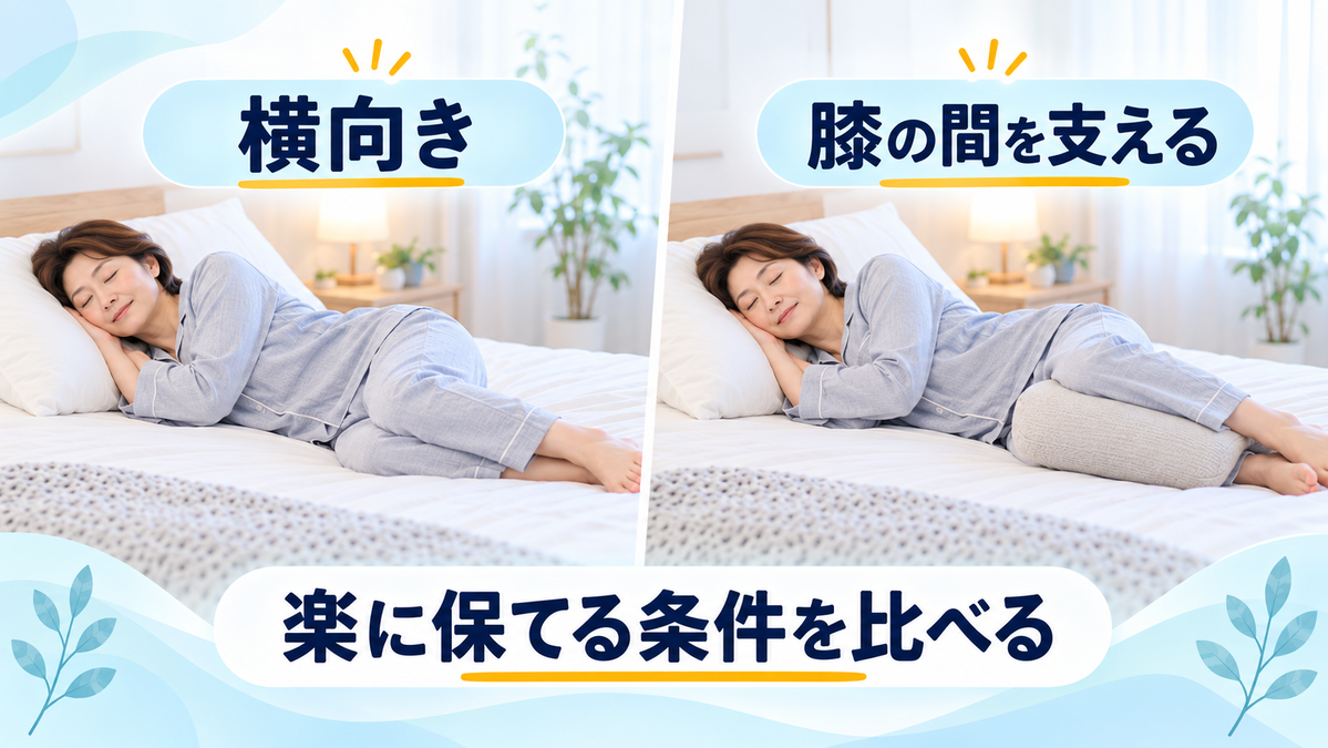 横向きで膝を軽く曲げ、膝の間をクッションで支えて腰の楽さを比較する寝姿勢