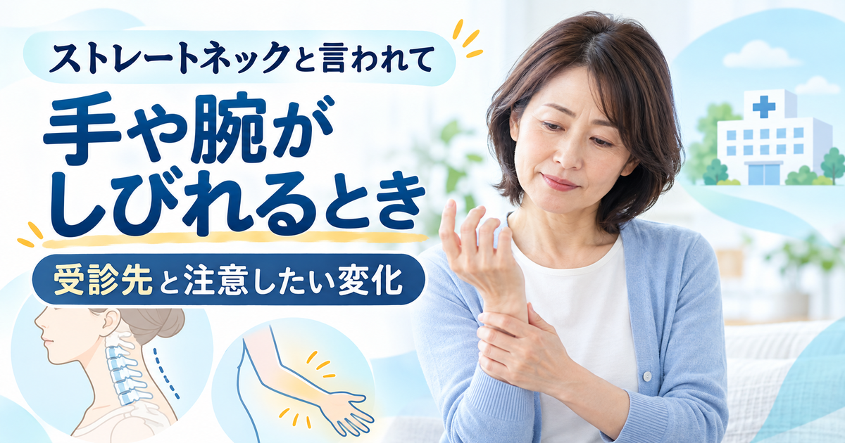 ストレートネックと言われた後に手や腕のしびれが出たときの受診先と注意点を示すアイキャッチ