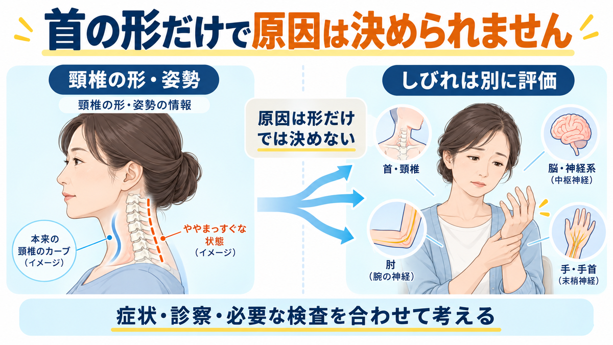 ストレートネックという頸椎の形だけでは手や腕のしびれの原因を決められないことを示す図