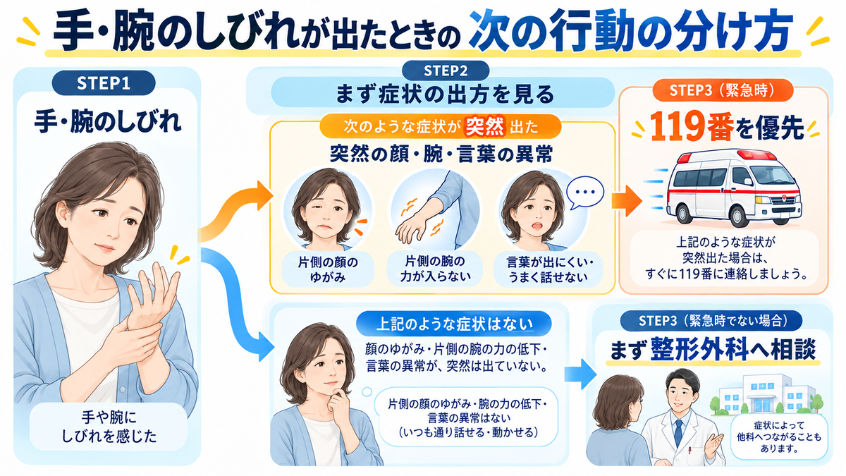 手や腕のしびれが出たときに救急要請と整形外科受診を分けて考える流れ