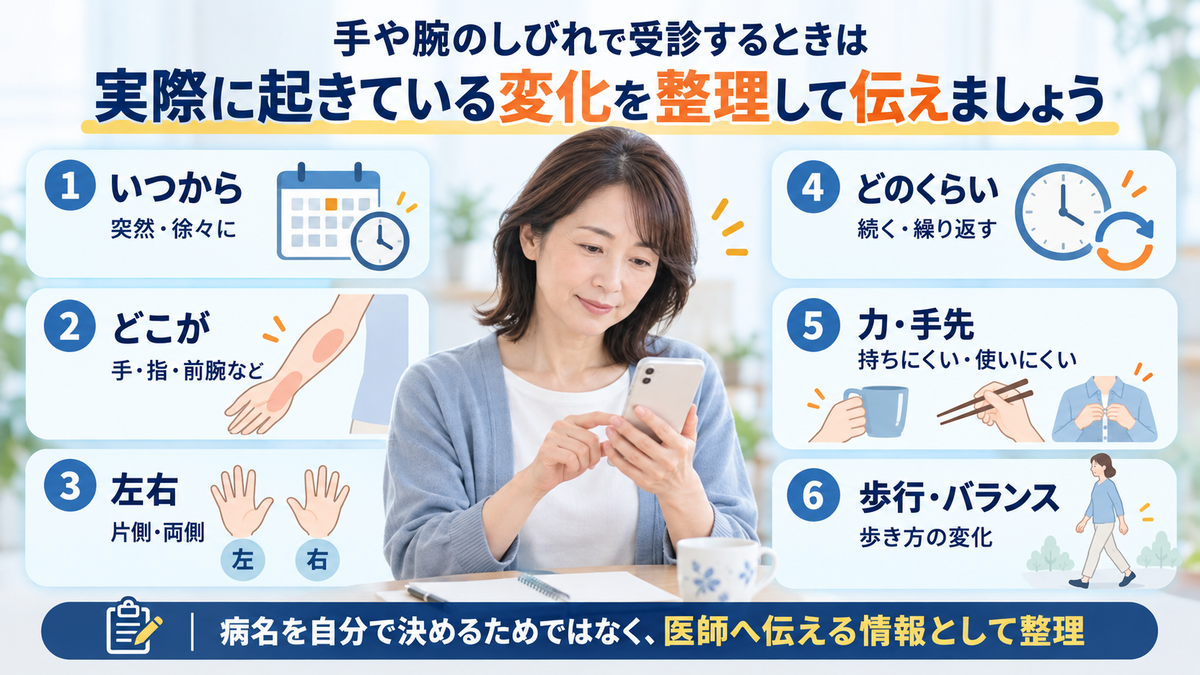 手や腕のしびれで受診するときに発症時期や範囲、力、手先、歩行の変化を整理する図