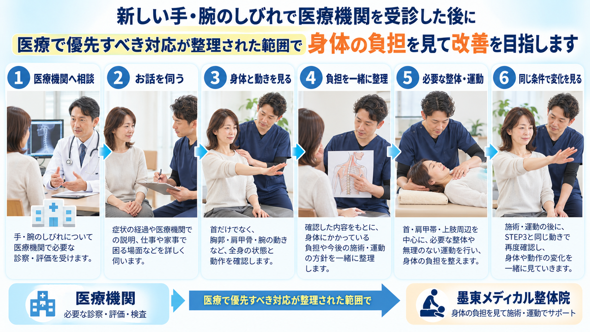 医療機関への相談後に身体と動きを見て整体や運動を行い変化を見る墨東メディカル整体院の流れ