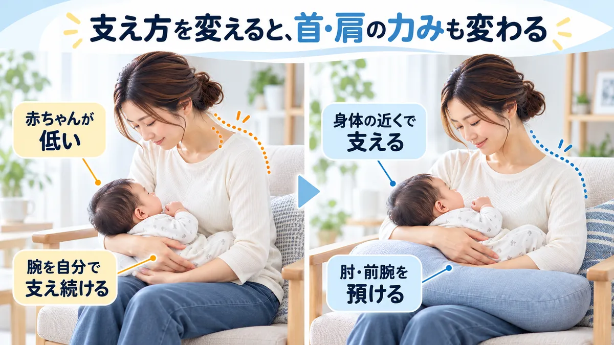 赤ちゃんが低く腕を支え続ける場合と、身体へ近づけ肘や前腕をクッションで支える場合の比較