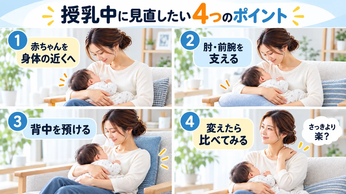 授乳中に赤ちゃんを近づける、肘と前腕を支える、背中を預ける、変化を比べる4つのポイント