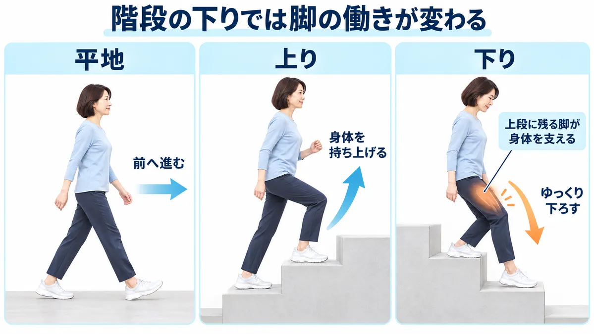 平地歩行、階段上り、階段下りにおける身体の移動方向と脚の支持・制動の働きを比較した図