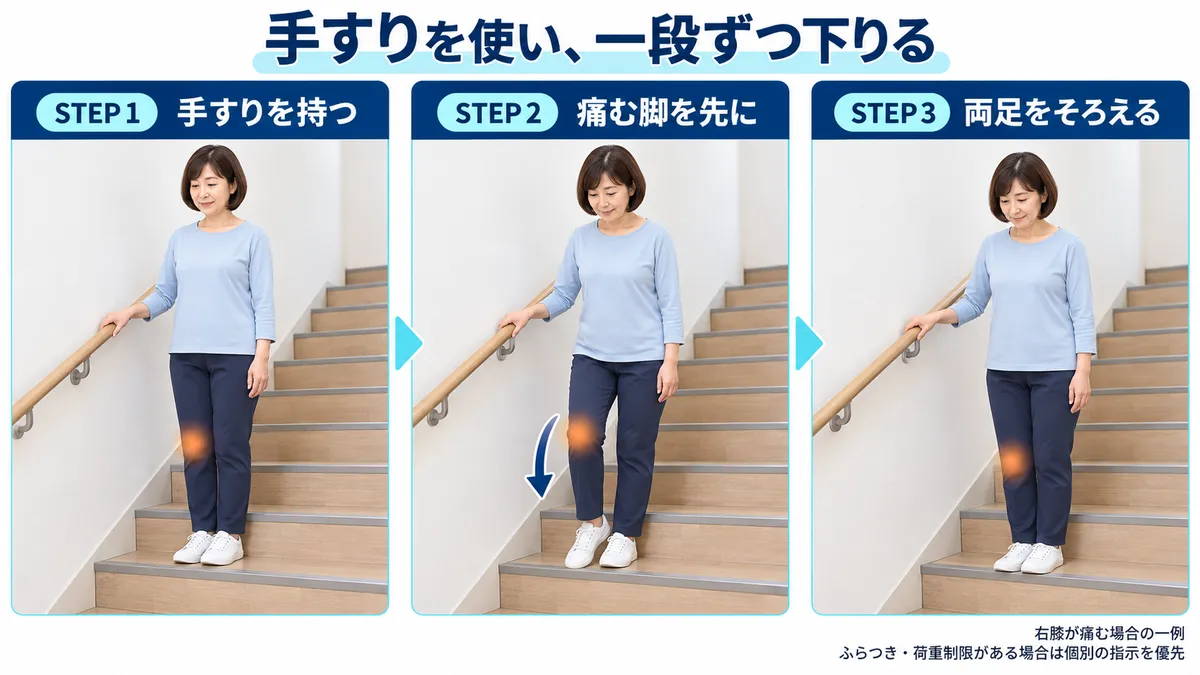 右膝が痛む場合に手すりを使い、右脚を先に下段へ出してから左脚を同じ段へ移す方法の一例