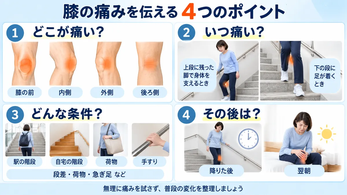 階段を下りる際の膝の痛む場所、痛む瞬間、階段の条件、降りた後から翌朝までの変化を整理した図
