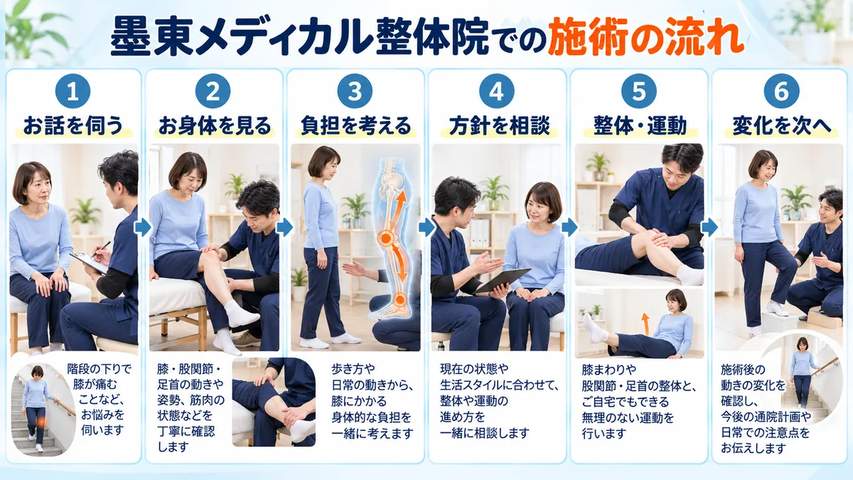 墨東メディカル整体院で階段下りの膝の負担について話を聞き、身体を見て施術方針を相談し、整体・運動後の変化を次につなげる流れ