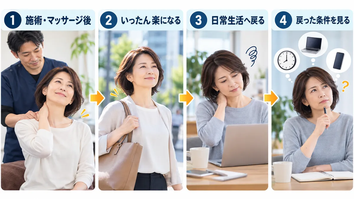 施術直後に首が楽になった後、日常生活へ戻ると首こりが再び気になり、戻った条件を振り返る流れ