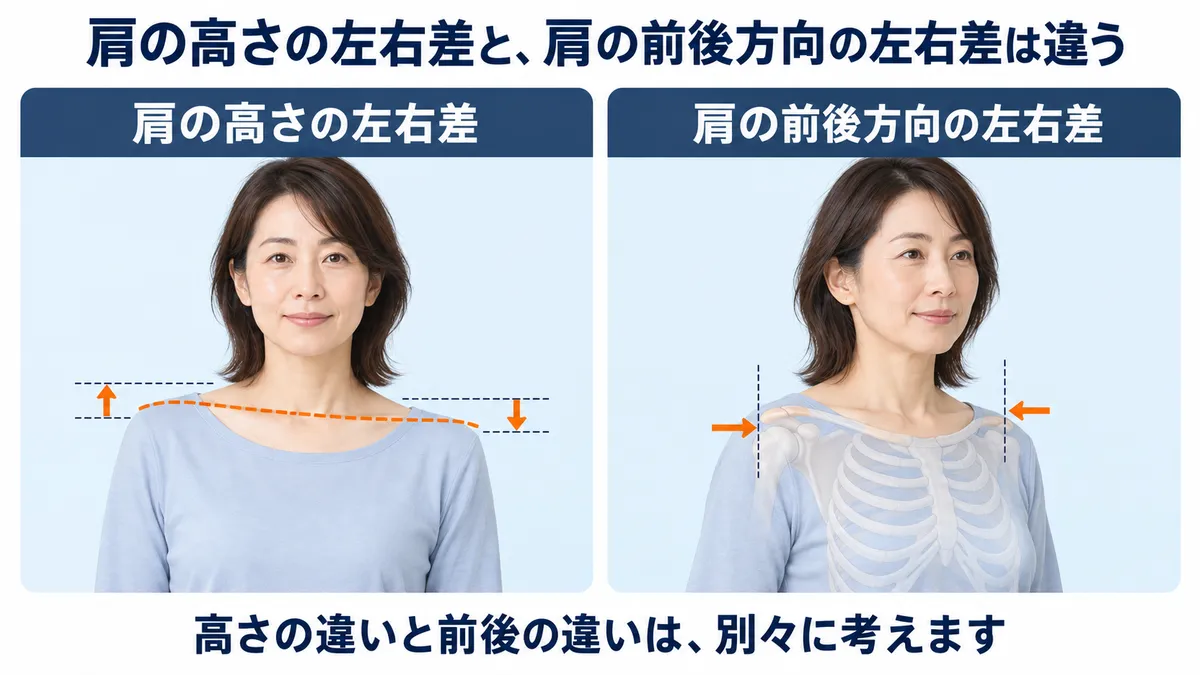 肩の高さの上下差と肩が前に出る前後差を比較した図解