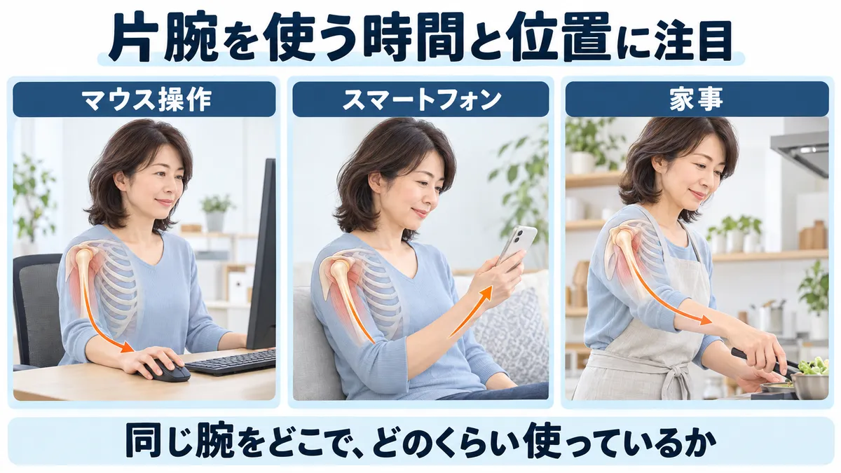 マウス操作・スマートフォン・家事で片腕を前に出して使う3つの生活場面