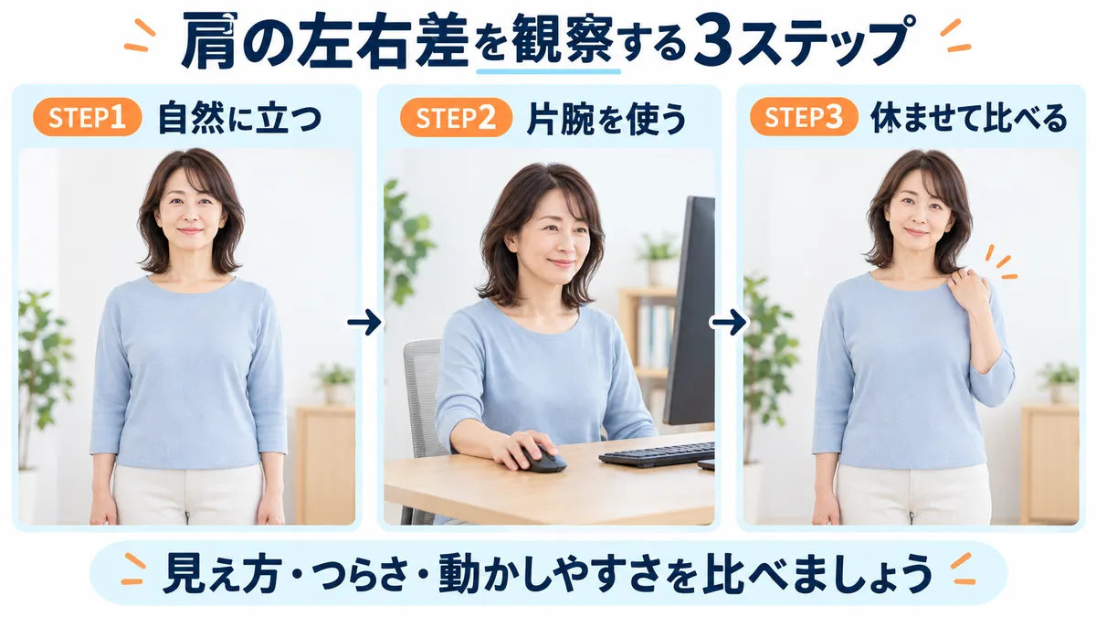 肩の前後差を自然な立位・片腕作業中・作業後の休息時に比較する3ステップ