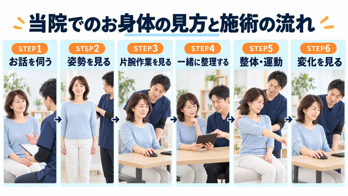 片側の肩の前後差について問診・姿勢・片腕作業を見て整体や運動後の変化を比べる流れ