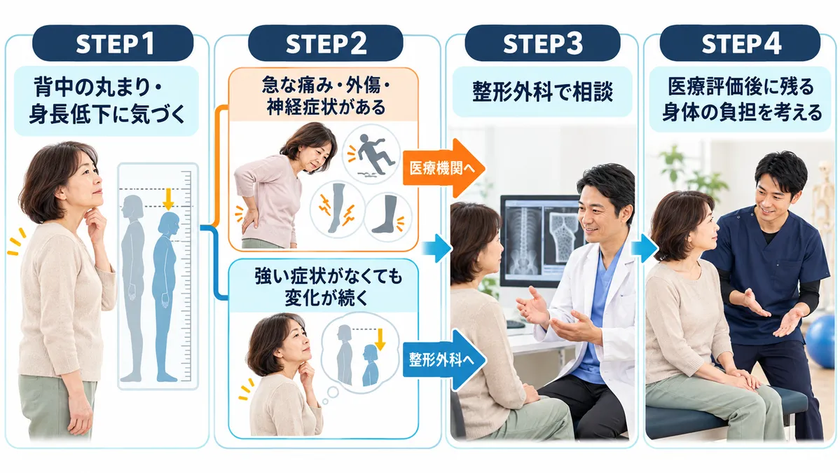 背中の丸まりと身長低下に気づいた後、症状に応じて整形外科へ相談し医療評価後の身体ケアへ進む流れ