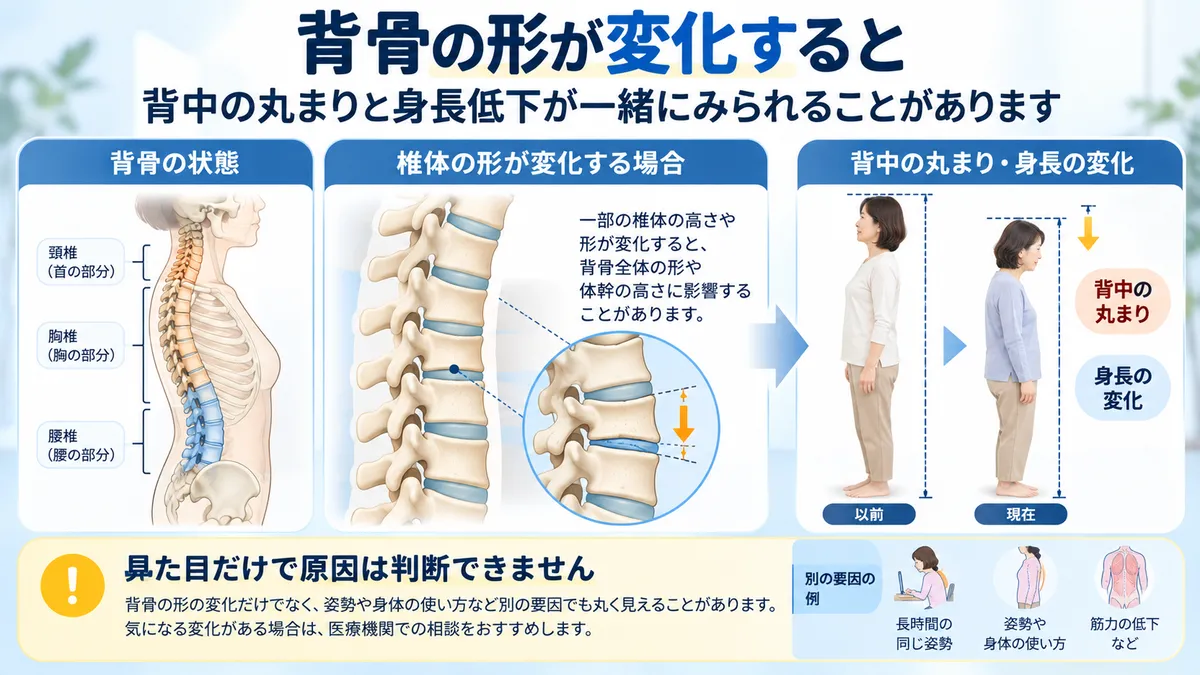 背骨の形の変化が背中の丸まりや身長低下につながる場合があることを示す図