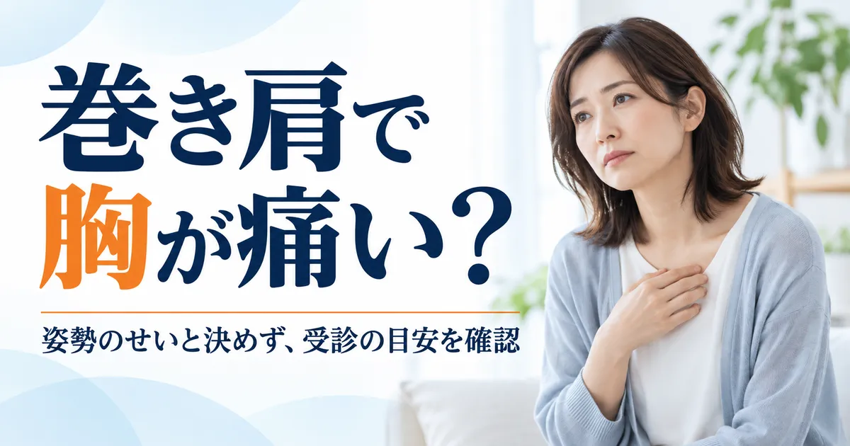 巻き肩が気になり胸の前に手を添える女性と、胸痛を姿勢のせいと決めず受診を考えることを伝える画像
