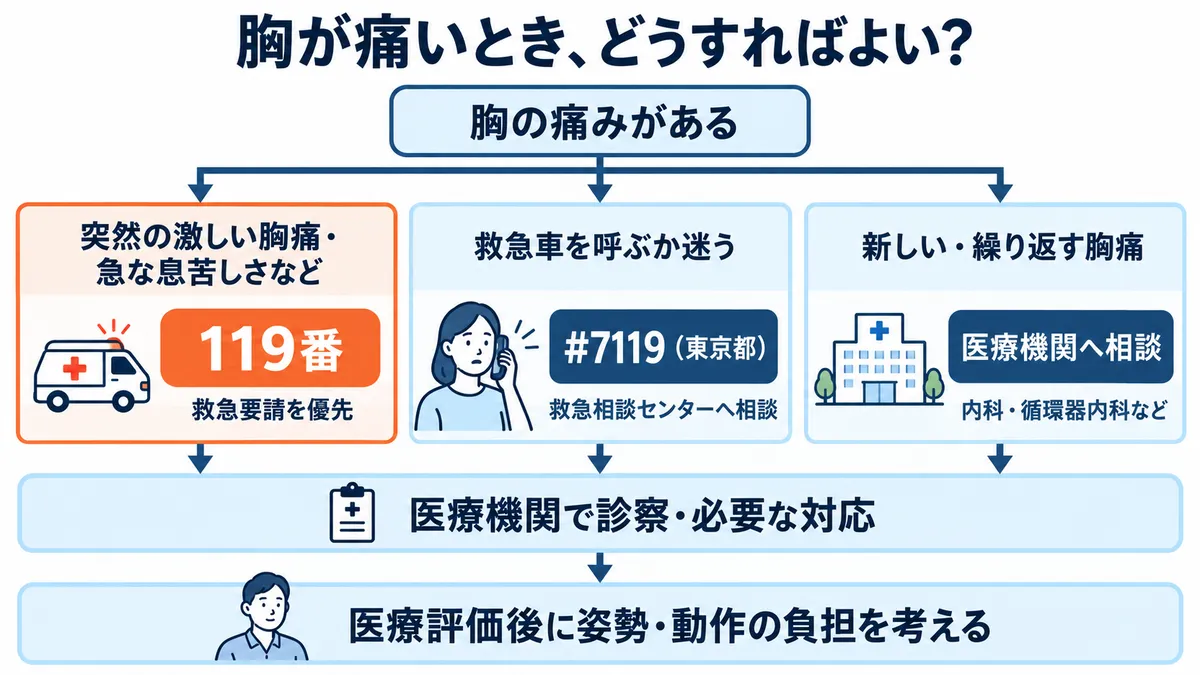 胸痛があるときに119番、東京都の#7119、医療機関への相談を判断し、医療評価後に姿勢を考える流れ