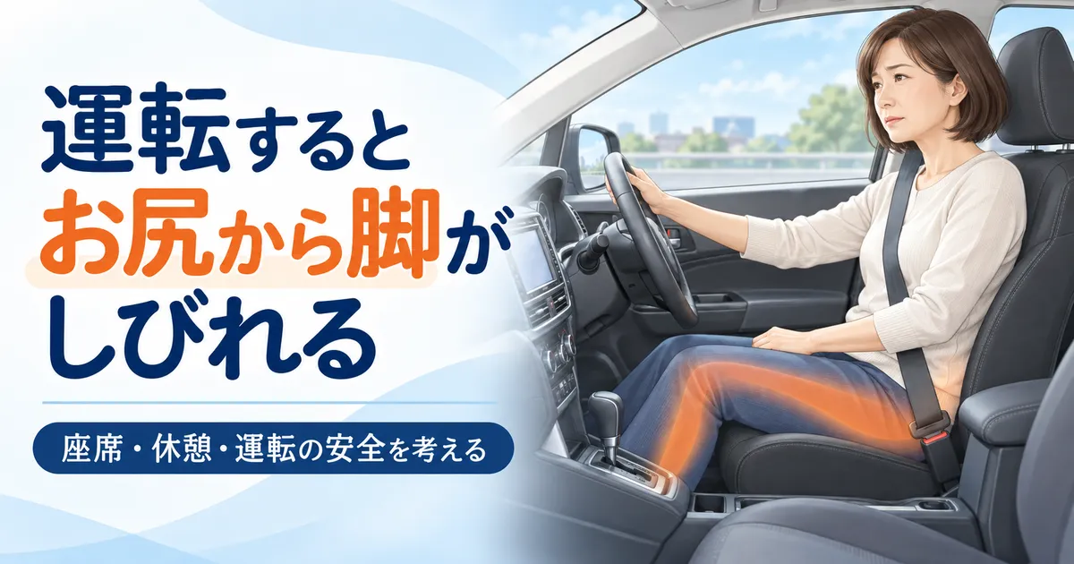 車の運転中にお尻から脚のしびれを感じている女性のイメージ