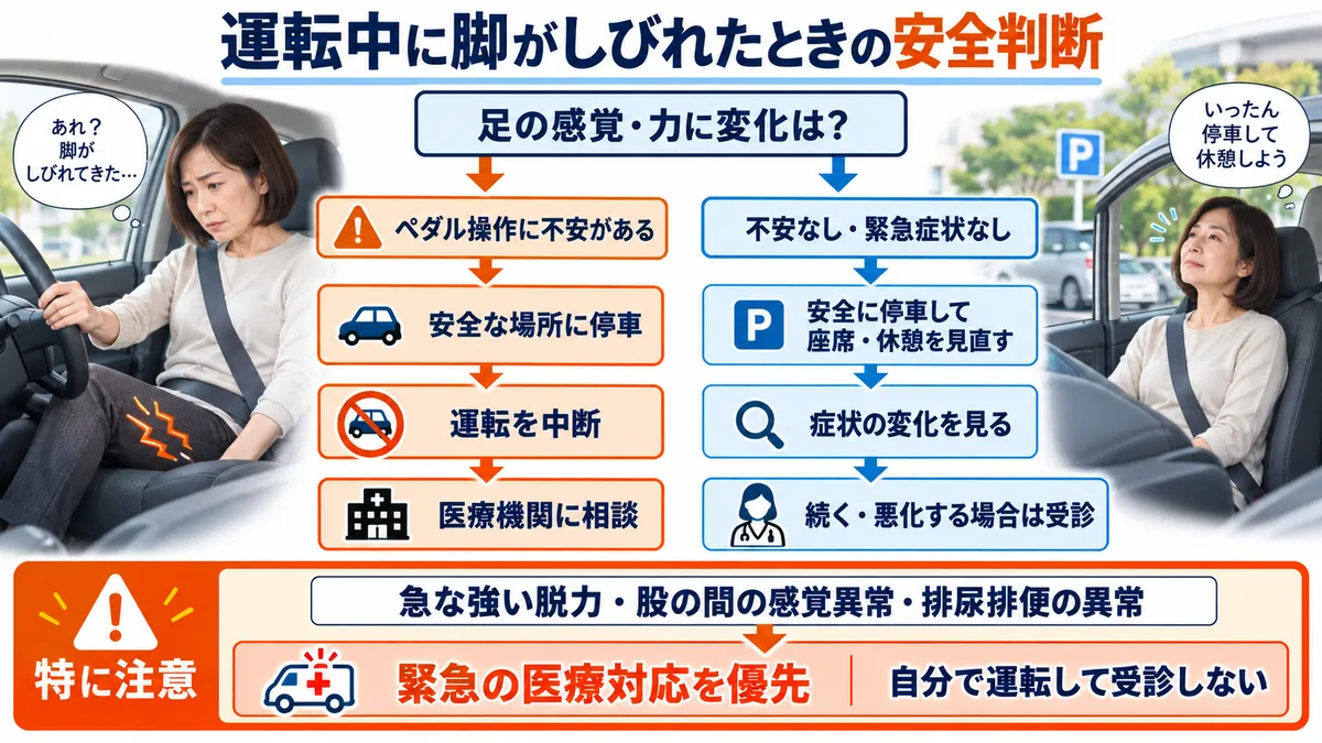 運転中に脚がしびれた際のペダル操作、安全な停車、医療相談の判断を示すフローチャート