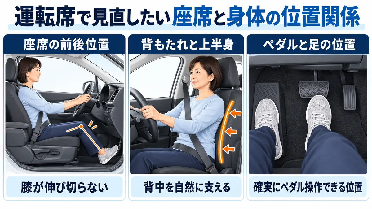 運転席の前後位置、背もたれ、ブレーキとアクセルの位置関係を示した図解