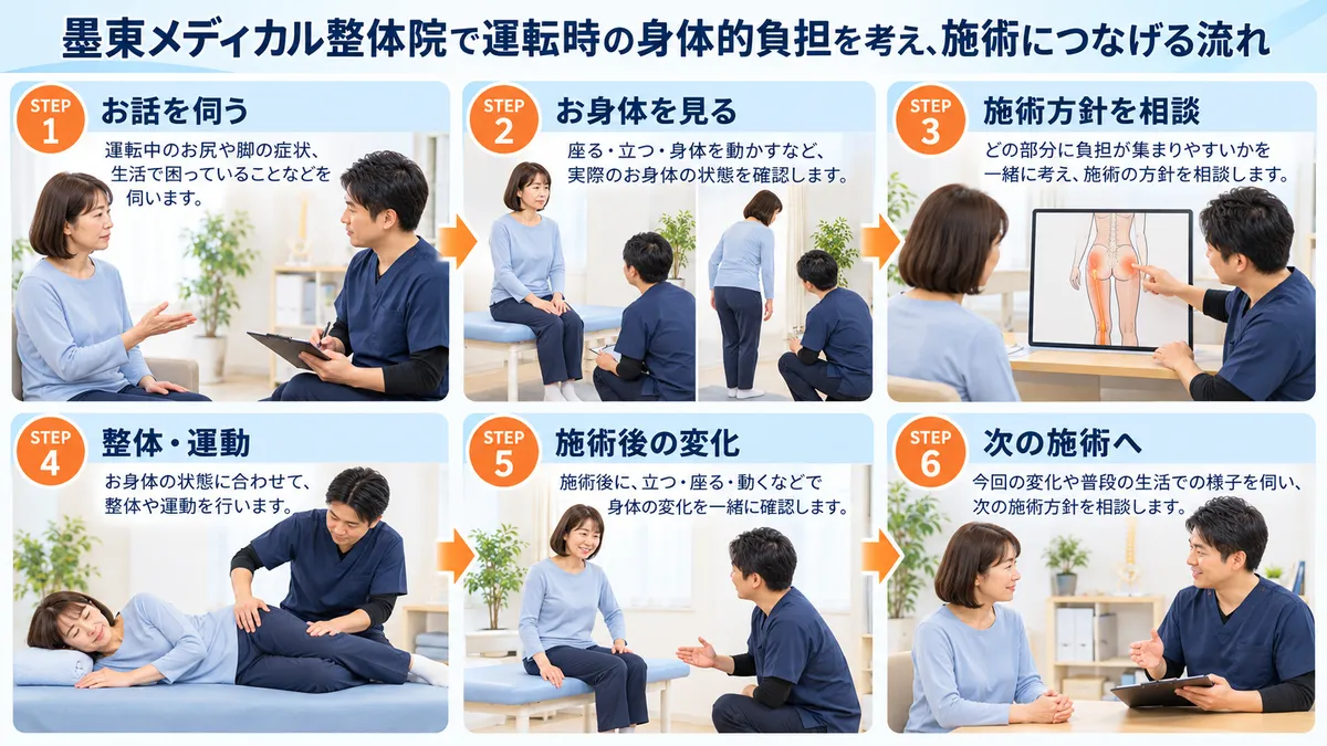墨東メディカル整体院で運転時の身体的負担を聞き、施術と運動を行い、変化を次の施術につなげる流れ