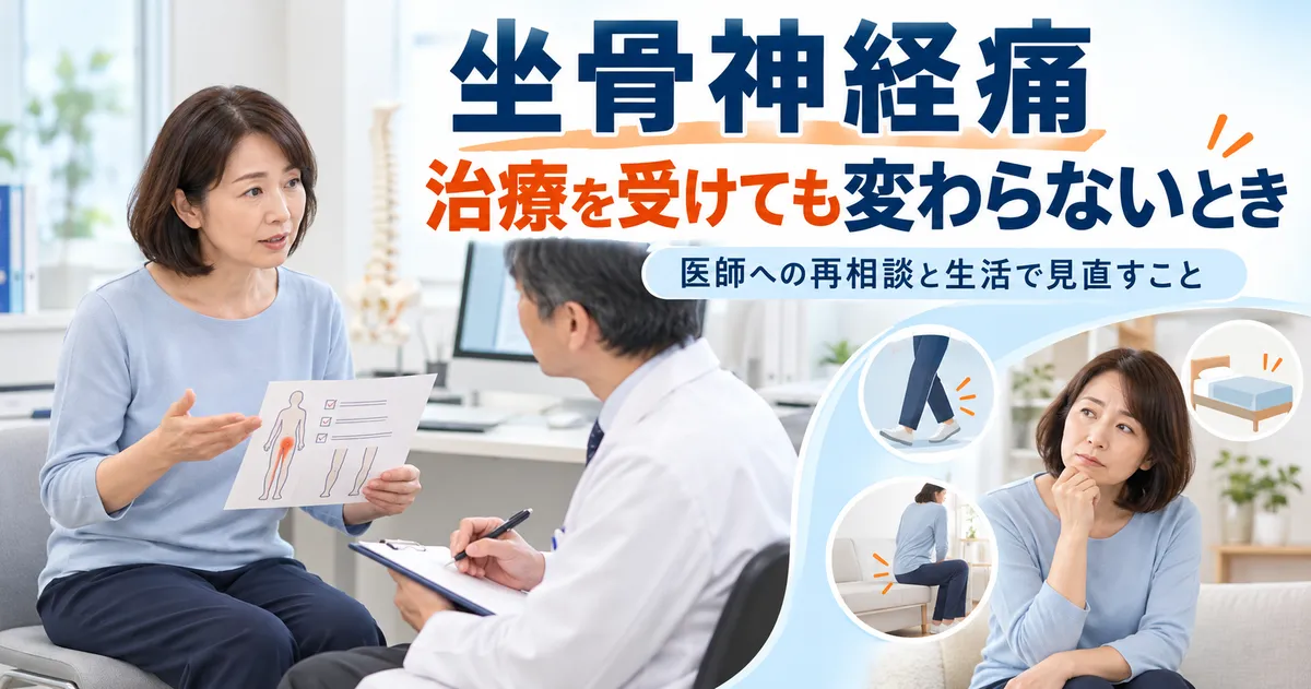 坐骨神経痛の治療を受けても痛みやしびれが続く女性が、症状の経過をメモにまとめて医師へ相談している様子。